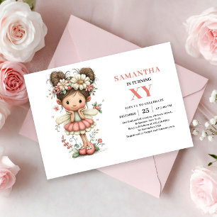 Convite Menina Fada 8º Aniversário Caprichoso Rosa Floral