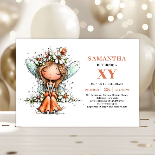 Convite Menina Fada Caprichosa 4º Aniversário Floral Paste (Whimsy Fairy Girl 4th Birthday Pastel Floral invitation)