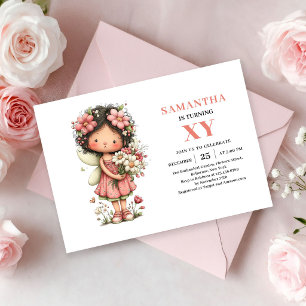 Convite Menina Fada Caprichosa 5º Aniversário Rosa Bege