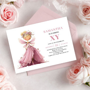 Convite Menina Fada Fofa Aniversário de 5 anos Floral Rosa