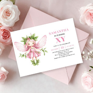Convite Menina Fantasia Rosa Fada 1º Aniversário Floral