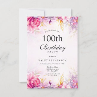 Convite Menina Floral Pastel Aquarela Chic 100º Aniversári