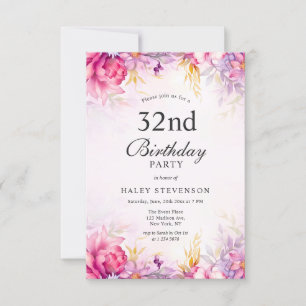 Convite Menina Floral Pastel Aquarela Chic 32º Aniversário