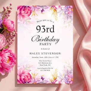 Convite Menina Floral Pastel Aquarela Chique 93º Aniversár
