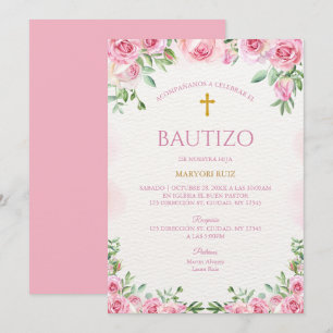 Convite Menina Floral Rosa Aquarela Batismo