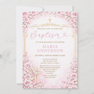 Convite Menina Floral Rosa Batismo Bege Rosa Religião Cruz
