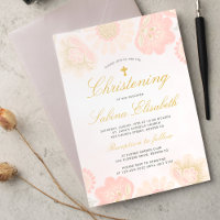 Menina Floral Rosa Bege Batizado Cruz Dourada