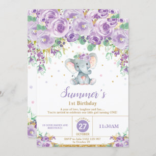 Convite Menina floral roxa bonito do primeiro aniversario