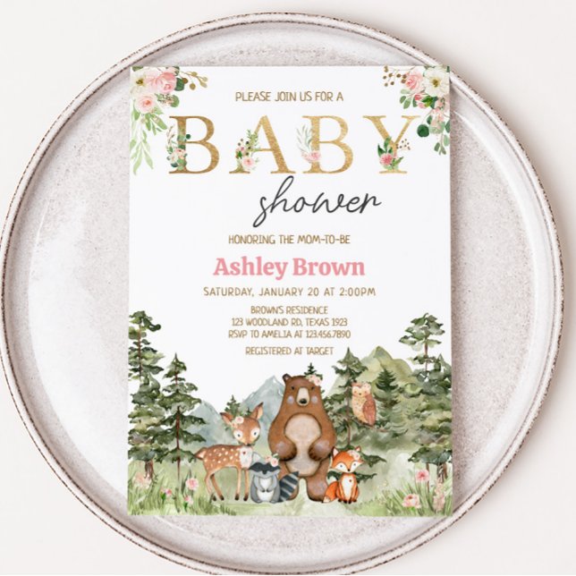 Convite Menina Floresta Floral Animais Bebê  (Pink Floral Woodland Baby Shower Invitation)