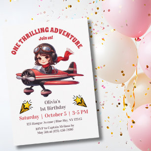 Convite Menina Fofa Avião Antigo Vermelho Aniversário de 1