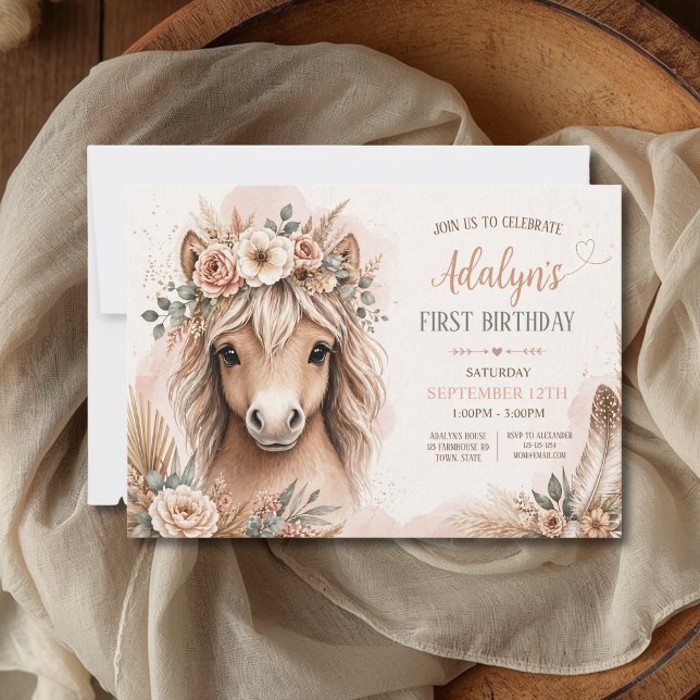 Convite Menina Fofa Boho Cavalo Primeiro Aniversário (Criador carregado)