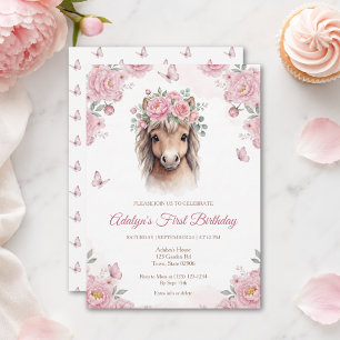Convite Menina Fofa Cavalo Floral Rosa Aniversário de Um A