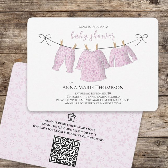 Convite Menina Fofa Código QR do Presente do Chá de Bebê R (Criador carregado)