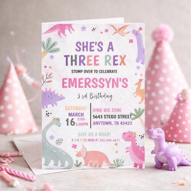 Convite Menina Fofa Dinossauro 3º Aniversário (Criador carregado)