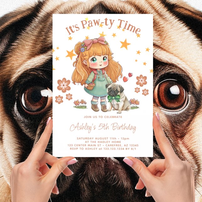 Convite Menina Fofa e Pug É Hora da Festa de Aniversário (Criador carregado)