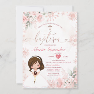 Convite Menina Fofa Rosa Dourado Floral Floco de Neve Bati