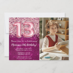 Convite Menina Foto Brilho Rosa Magenta Aniversário de 13 