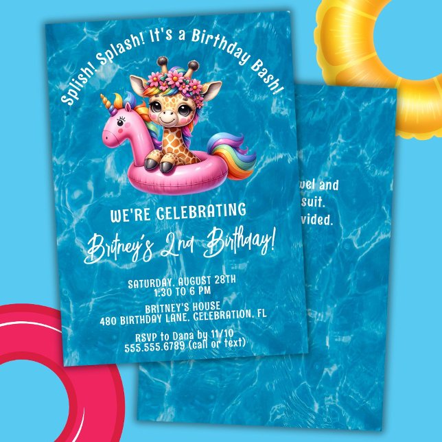 Convite Menina Girafa no Splash Piscina Festa de Aniversár (Criador carregado)