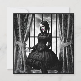 Convite Menina Gótica Preto e Branco de Halloween