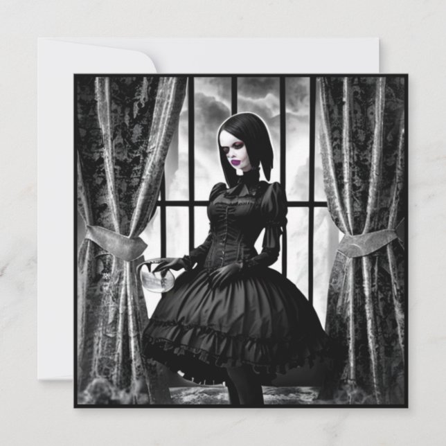 Convite Menina Gótica Preto e Branco de Halloween (Frente)