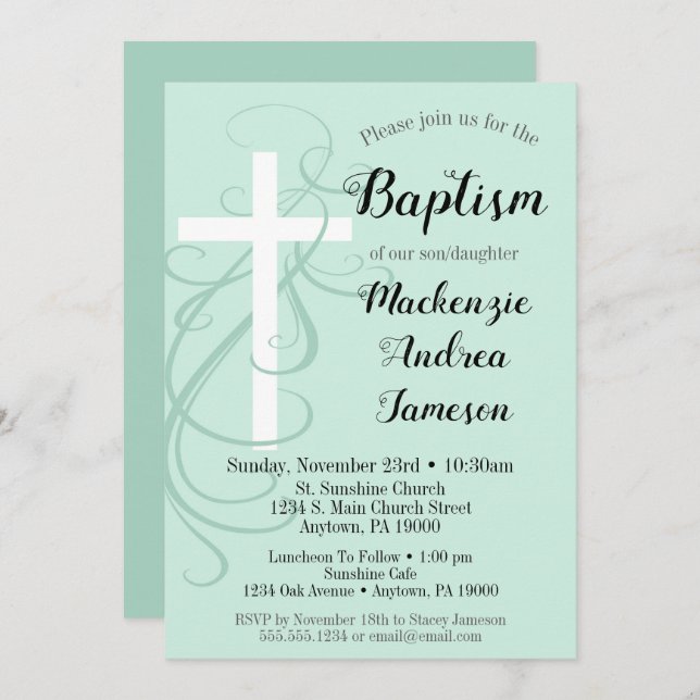 Convite Menina Green Swirl Cross Baptism (Frente/Verso)