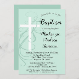 Convite Menina Green Swirl Cross Baptism