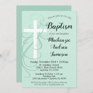 Convite Menina Green Swirl Cross Baptism