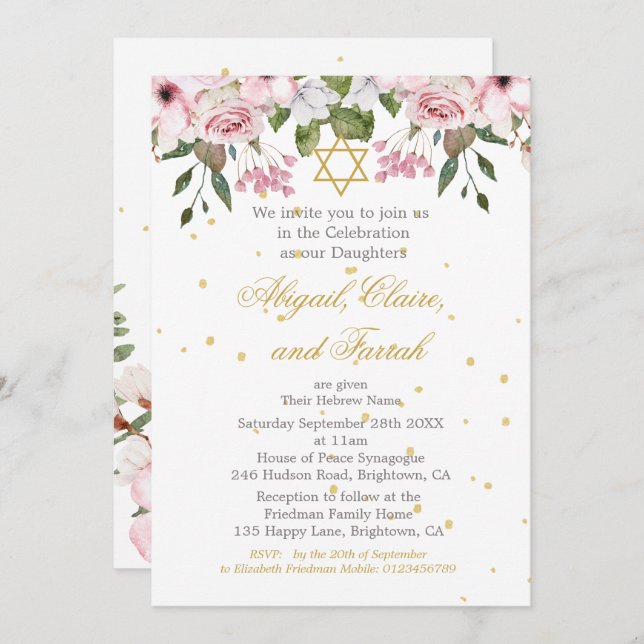 Convite Menina Hebraica, Twin Triplet Cerimônia de Nomeaçã (Frente/Verso)