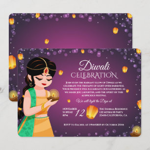 Convite Menina indiana elegante Lanterna Flutuante Diwali 