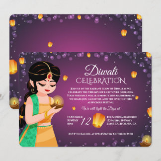 Convite Menina indiana elegante Lanterna Flutuante Diwali