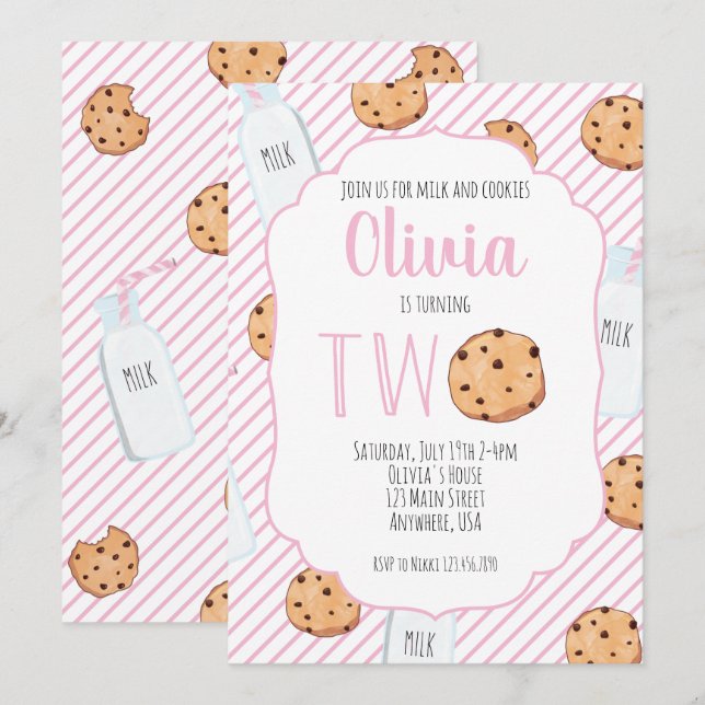 Convite Menina Leite e Biscoitos Rosa 2º Aniversário (Frente/Verso)