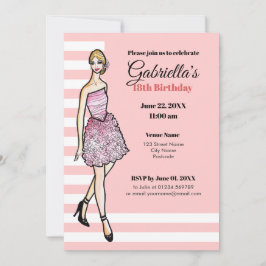 Convite Menina Loira com Vestido de Cocktail de Rosas Rosa