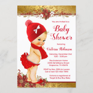 Convite Menina Loira Natal Bebê Dourado Chuvada de Bebê