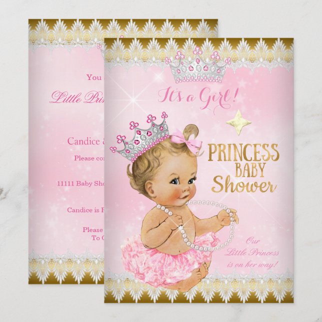 Convite Menina Loira Princesa Chá de Bebê Rosa Tutu Dourad (Frente/Verso)