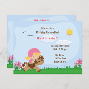 Convite Menina Loura-Bonita Andando Cavalo Castanho Convid