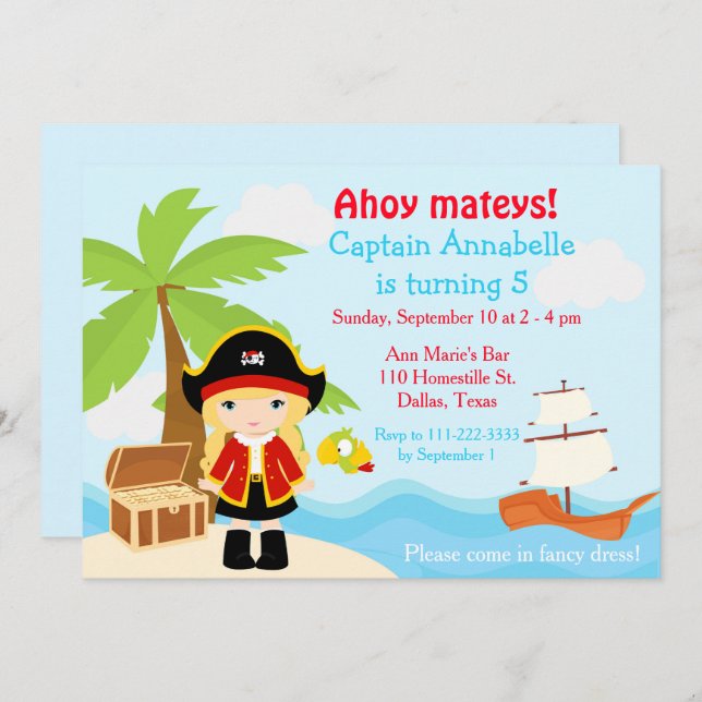 Convite Menina loura-branca pirata em Festa de aniversário (Frente/Verso)