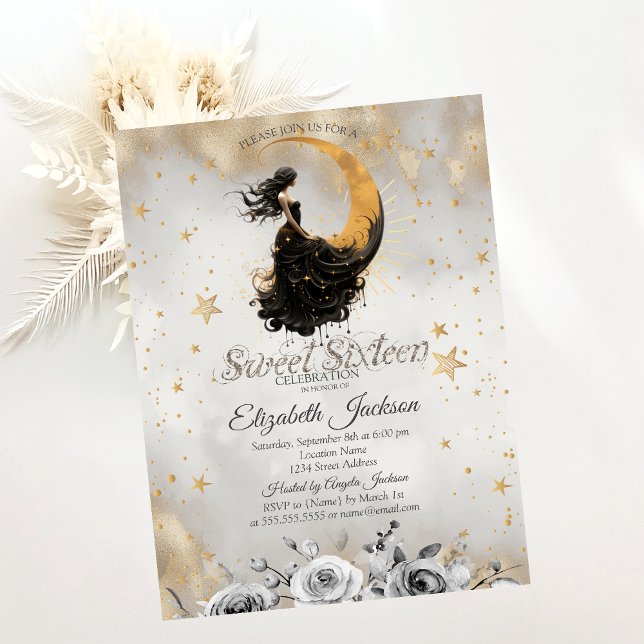 Convite Menina lunar celestial Flores Estrelas Doce 16 (Criador carregado)