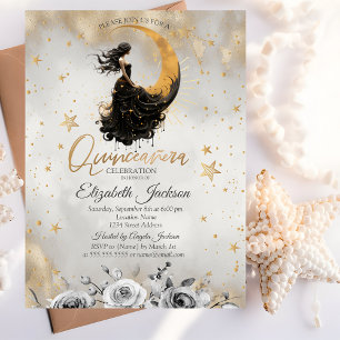 Convite Menina Lunar Celestial Flores Estrelas Quinceanera