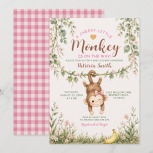 Convite Menina Macaco Travesso Pequeno Rosa Floral Chuvada