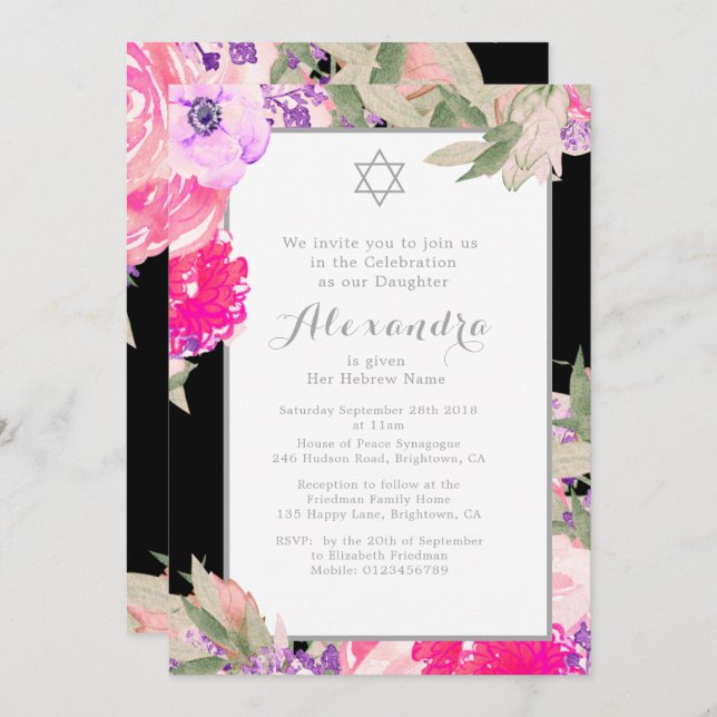 Convite Menina Meninando Cerimônia Hebraica Floral Elegant (Frente/Verso)