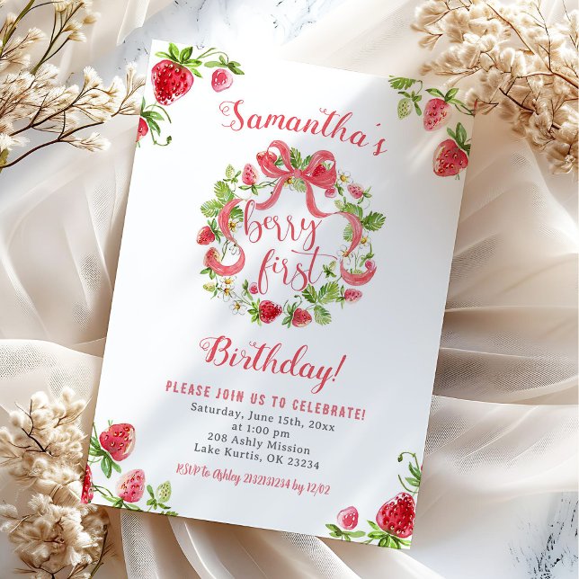 Convite Menina Morango Rosa Primeiro Aniversário (Criador carregado)