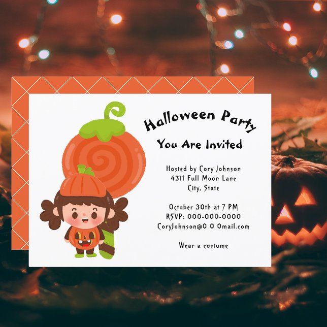Convite Menina na Festa de Festa de Bosta de Lollipop Hall (Girl in Pumpkin Costume Lollipop Halloween Party Invitation)