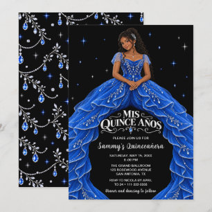 Convite Menina Negra Azul Real Quinceañera Prata