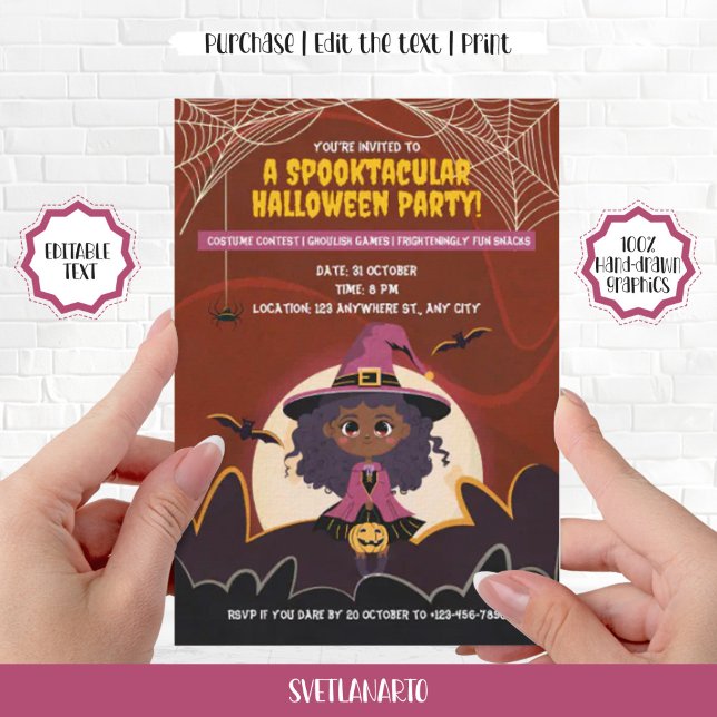 Convite Menina negra e bonita de bruxas afro-americanas do (Cute Little Black African American Witch Halloween Invitation)