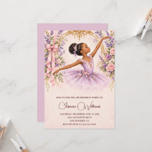 Convite Menina Negra Lavanda Floral Bailarina 5º Aniversár