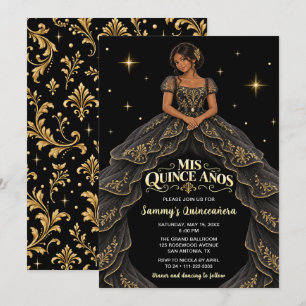 Convite Menina Negra Ouro Barroco Quinceañera