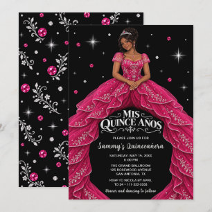 Convite Menina Negra Princesa Rosa Quinceañera