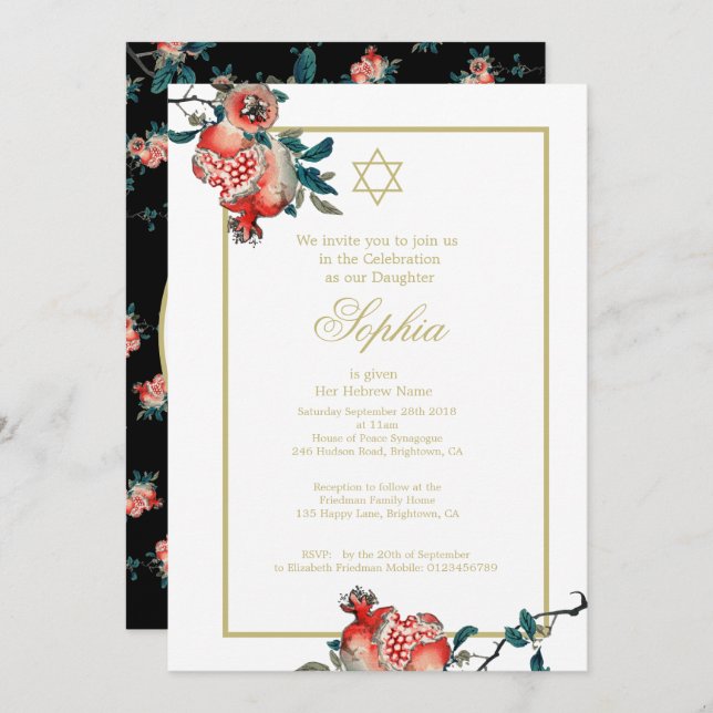 Convite Menina Nomeando Dourado Hebraico Elegante Pomegran (Frente/Verso)