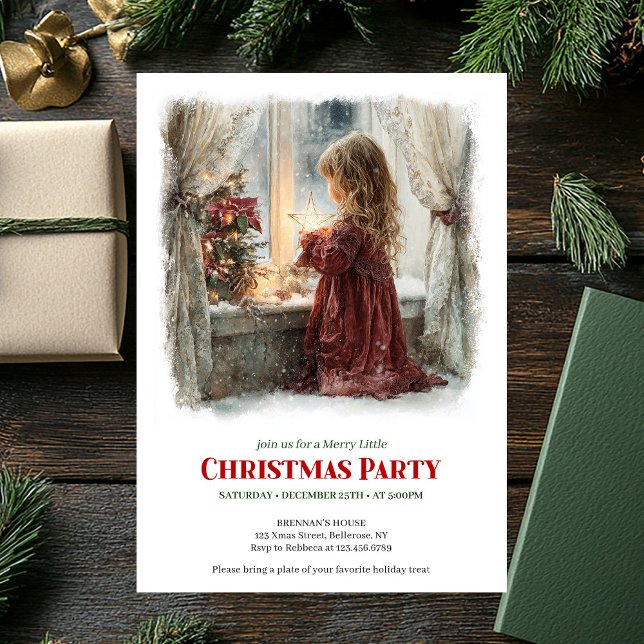 Convite Menina nostálgica aguarda o Papai Noel digital de  (Nostalgic girl awaits Santa digital Christmas invite)
