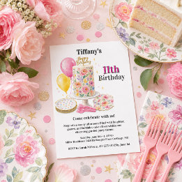 Convite Menina Onze Rosa Floral Bolo de Aniversário Festa